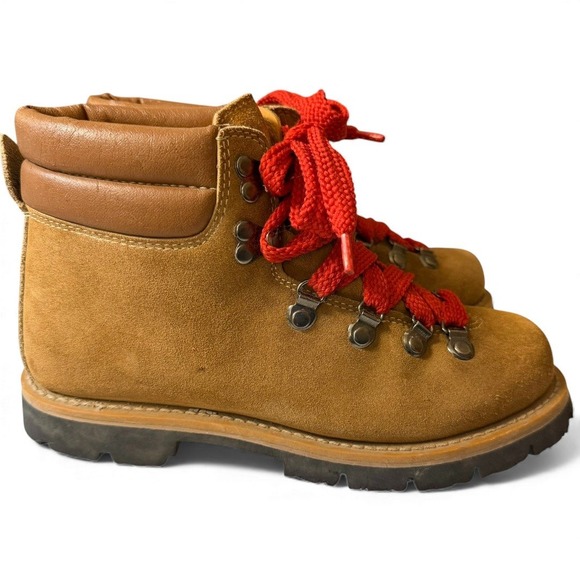 Vintage 80s/90s Suede Hiking Boots Tan Leather Red Laces Lug Sole Women's 7M - Picture 11 of 11